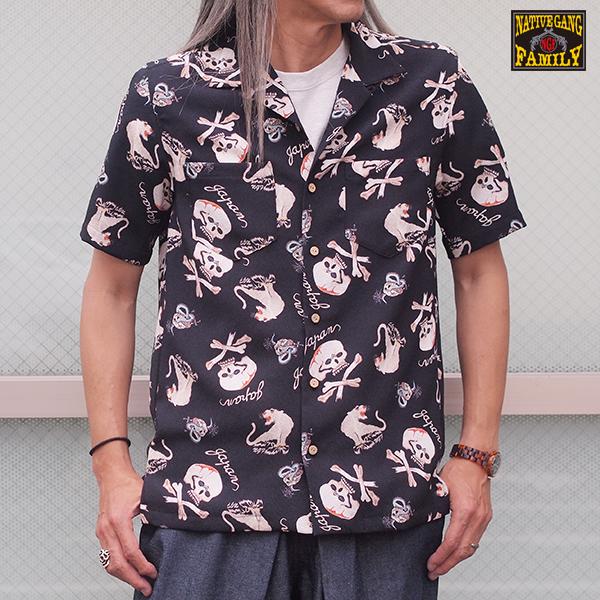 NATIVE GANG FAMILY　ネイティブギャングファミリー　ヴィンテージスカル縮緬総柄開襟シ...