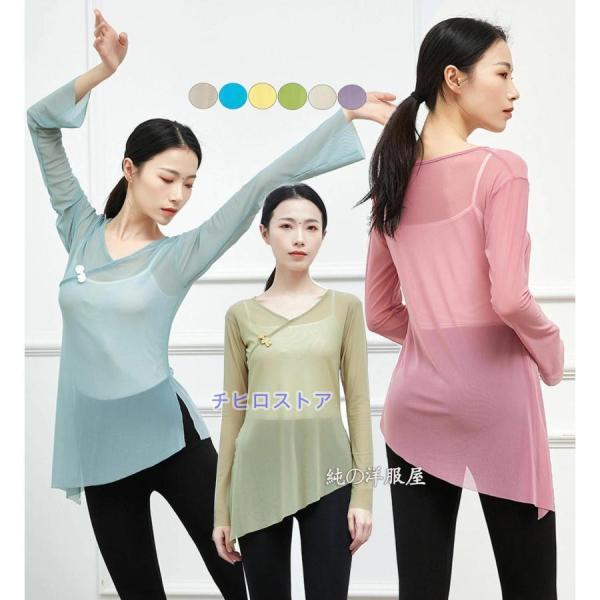 レディース 古典ダンス衣装 長袖 メッシュ 柔らかい チュールブラウス Vネック 長袖 斜め裾 サイ...