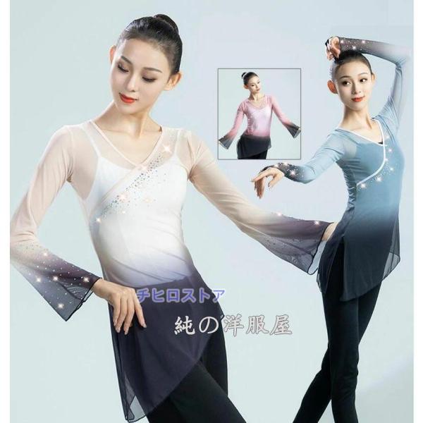 古典ダンス 衣装 グラデーション ラインストーン 紗ブラウス 長袖 サイドスリット 不規則裾 シアー...