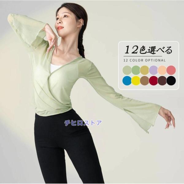 古典舞踊ダンス衣装 レディース 長袖 ラッパ袖 交差襟 Ｖネック メッシュ 柔らかいチュール ブラウ...