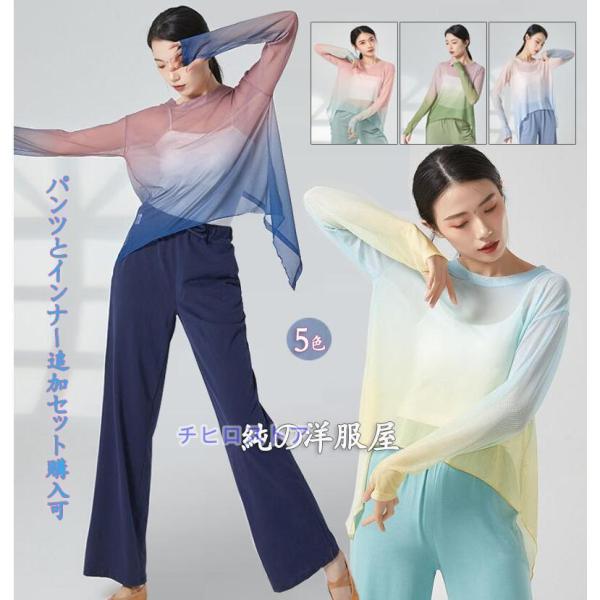 古典舞踊 バレエ 社交ダンス 衣装 レディース 長袖 グラデーション 紗 シアー ゆったり Tシャツ...