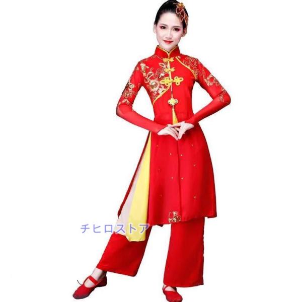 エスニック チャイナ風民族ダンス衣装 中華古典舞踊 ロング丈 ミモレ丈 長袖 チャイナブラウス 4つ...