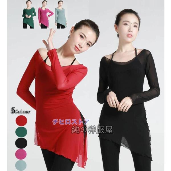 古典舞踊ダンス衣装 古典バレエ ヨガ ダンス練習着 レッスンウェア レディース 長袖 シースルー ブ...