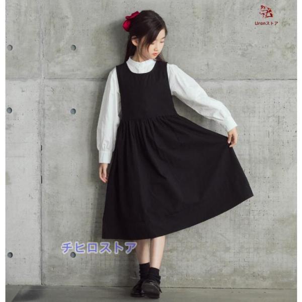 女の子 春服 秋服 長袖ブラウス ロースリーブワンピース ロング丈 女の子 サロペットドレス 子供服...