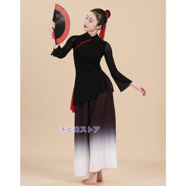 中華ダンス衣装上下2点セット レディース 中国古典舞踊ダンス衣装 長袖 チャイナブラウス ロング丈 ...