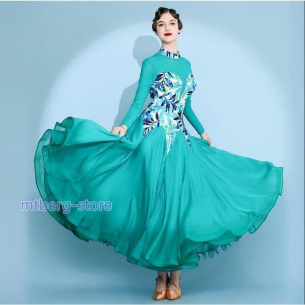 社交ダンス ドレス ワンピース 大きい裾 モダン ラテン ダンス 衣装 ダンス衣装 ワンピース タン...