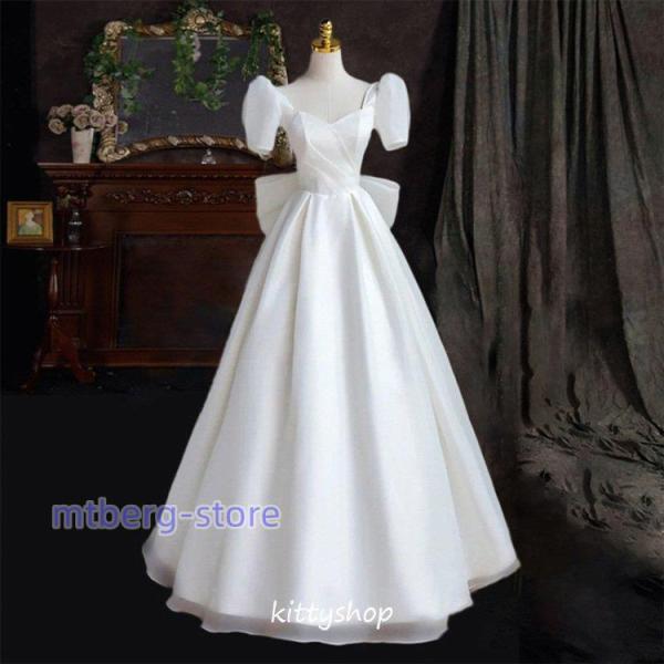 パーティードレス 結婚式ドレス 二次会ドレス ホワイト 半袖 パフスリーブ 白 ちょう結び ロングド...