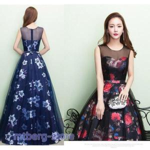 黒 イブニングドレス プリント花柄 お洒落 キレイめ ロングドレス ノースリーブ ブラック ネイビー 30代 40代 パーティードレス 二次会ドレス 演奏会ドレス