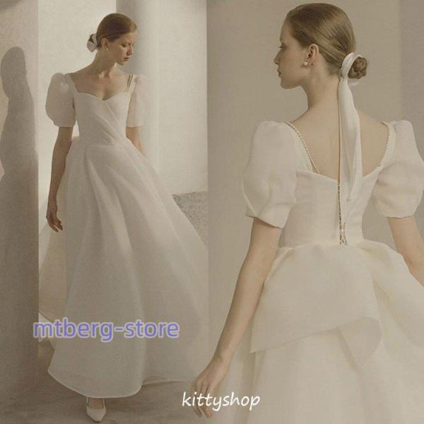 ウェディングドレス プリンセスドレス 姫系 夏 半袖 ロングドレス チュール Aライン 二次会ドレス...