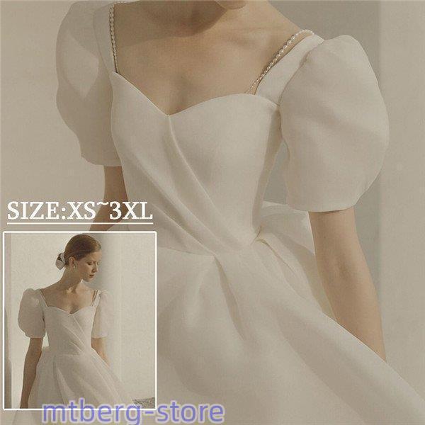 パーティードレス パフスリーブ プリンセスライン 袖付き 結婚式 ワンピース フォーマルドレス お呼...