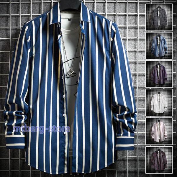 長袖シャツ カジュアルシャツ メンズ 開襟 ストライプ トップス 長袖 ゆったり ボタンダウンシャツ...