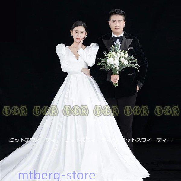 ウェディングドレス 長袖 aラインドレス ウエディングドレス 前撮り 二次会 花嫁 パーティードレス...