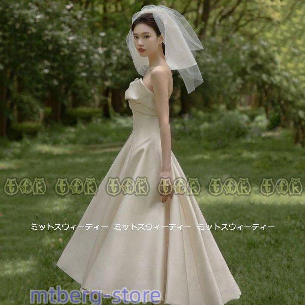 ウェディングドレス 花嫁 二次会 ウエディングドレス 夏婚 結婚式 Aラインドレス ミモレ丈ワンピー...