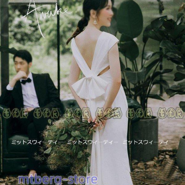 ウエディングドレス 二次会 花嫁 前撮り ウェディングドレス バックリボン ロングドレス 結婚式 大...