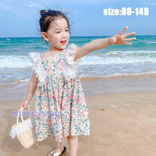 韓国子供服 ワンピース 夏 子供ドレス 花柄 ノースリーブ レース 切り替え ベアバック プリント ...
