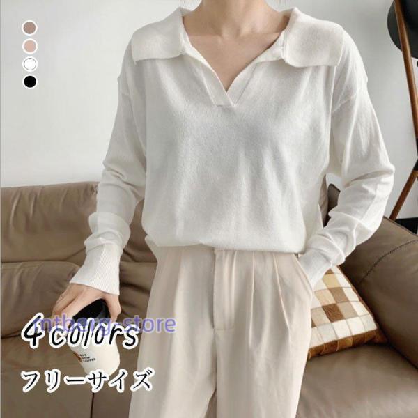 ニット レディース 秋冬 新作 トップス 長袖 着痩せ 白 黒 カットソー Vネック セーター ニッ...