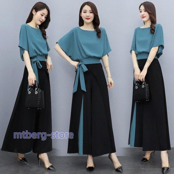 セットアップ レディース 春夏 オシャレセットアップ 半袖ブラウス 九分丈ワイドパンツ シフォン上下...