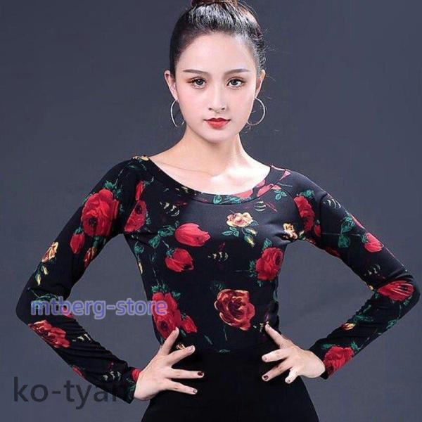 シャツ 社交ダンスドレス ラテンドレス モダンドレス レース 黒 ダンスウエア トップス 競技 デモ...