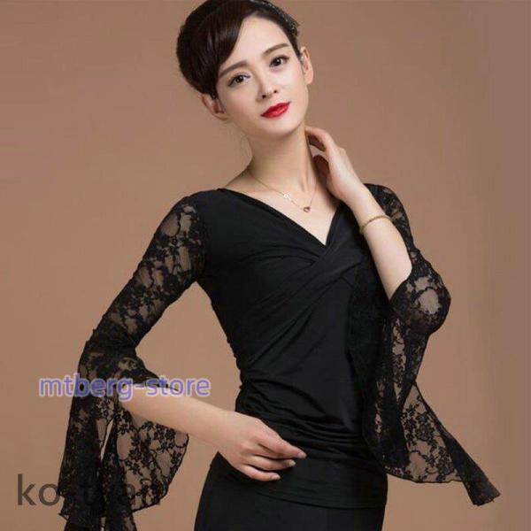 シャツ 社交ダンスドレス ラテンドレス モダンドレス レース 黒 ダンスウエア トップス 競技 デモ...