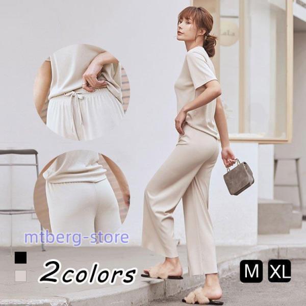 セットアップ レディース 40代 春 夏 半袖 ブラウス シャツ パンツスーツ ワイドパンツ 上下セ...