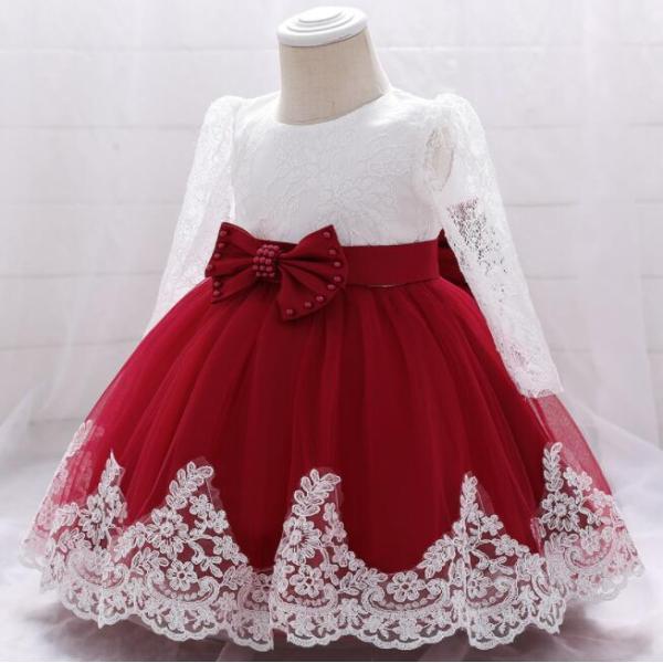 子供ドレス キッズ 発表会 レッド 水色 ピンク 赤 レース長袖 ドレス 女の子 子供服 結婚式 衣...