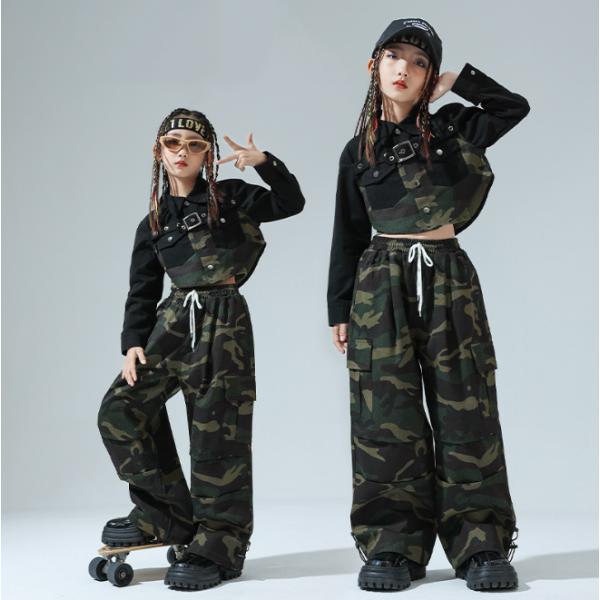 ダンス 衣装 キッズ 黒 トップス 迷彩パンツ セットアップ 韓国 ガールズ ジャズダンス ヒップホ...