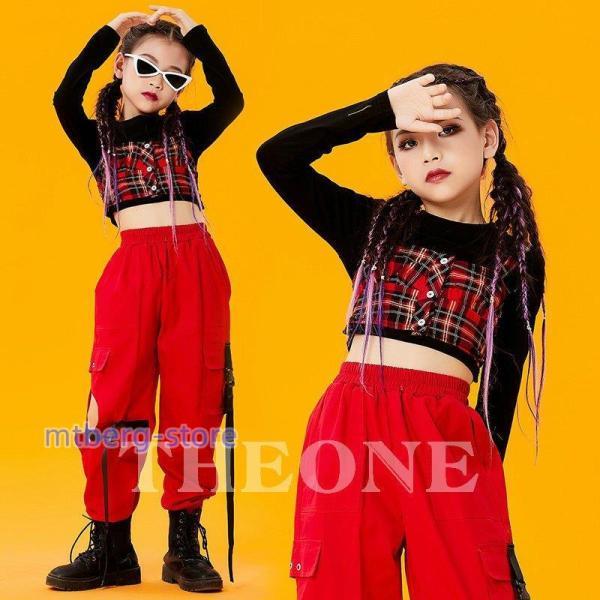 キッズダンス衣装 キッズ セットアップ トップス パンツ 韓国 チアダンス衣装 かっこいい 赤 チェ...
