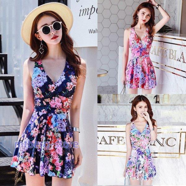 水着レディース 体型カバー 水着 ワンピース型  花柄  ショートパンツサロペット水着 バンドゥ 水...