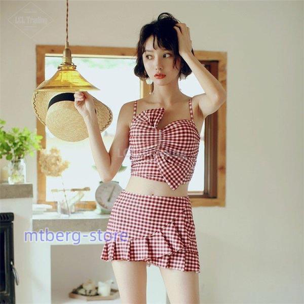 ビキニ水着レディース 夏 ビキニ2点セット チェック柄 韓国風 ボリューム 小胸バンドゥビキニ 水着...