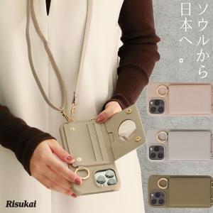 スマホショルダー ストラップ スマホケース iPhone15 ケース カード収納 肩掛け ミラー付き 背面手帳型 iPhone1 韓国 デザイン iPhone14 se3 pro max mini