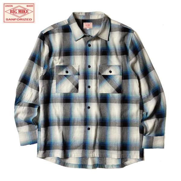 BIGMIKE ビッグマイク ライトネルシャツ 長袖 オンブレチェック シャドーチェック 白ホワイト...
