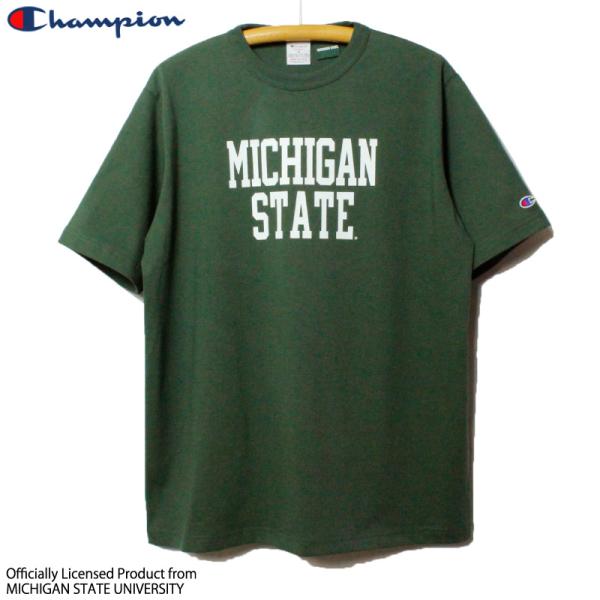 チャンピオン T1011 カレッジプリント MICHIGAN ミシガン ロゴ Tシャツ 緑 モスグリ...