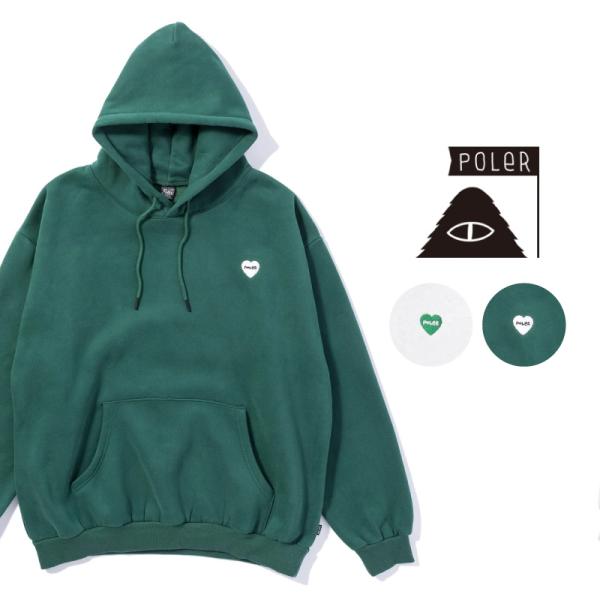 POLER ポーラー パーカー スウェット 裏起毛 ハート風ロゴ刺繍 グリーン アッシュ