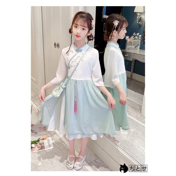 漢服 女の子 ワンピース 夏 中国風 チャイナドレス 子供 ドレス シルク コスプレ衣装