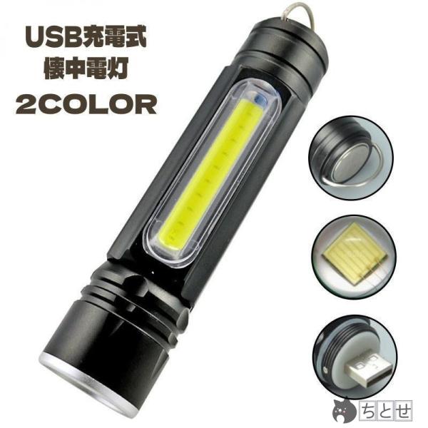 懐中電灯 ライト LED 充電式 USB 充電 小型 コンパクト 持ち運び 携帯 防水 フック 黒 ...