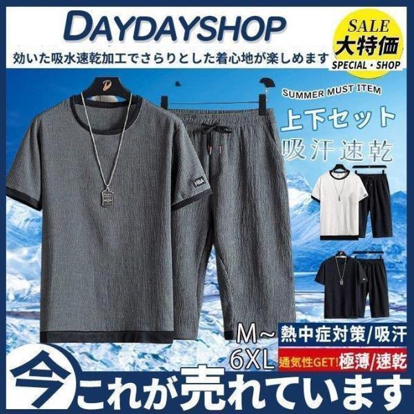 セットアップ メンズ 吸汗速乾 ドライメッシュ カジュアル Tシャツ半袖 無地 涼感 ひんやり ウエ...