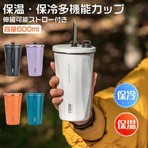 タンブラー 水筒 ストロー付き 600ml 蓋付き おしゃれ大容量 真空断熱 保温 保冷 持ち運び マグボトル 直飲み 二重構造 ステンレス コーヒーカップ 車載せでき