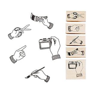 moin moin はんこ スタンプ 5個セット 手 指さし カメラ 筆 はさみ 木 木製 2107stp6