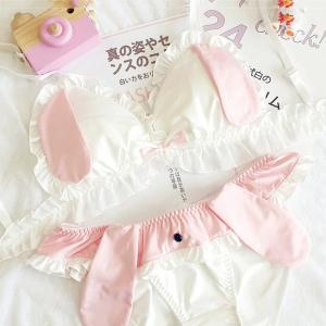 （ABカップ）ゆる可愛 兎耳 全3色 フリル ワイヤーなし ブラショーツセット