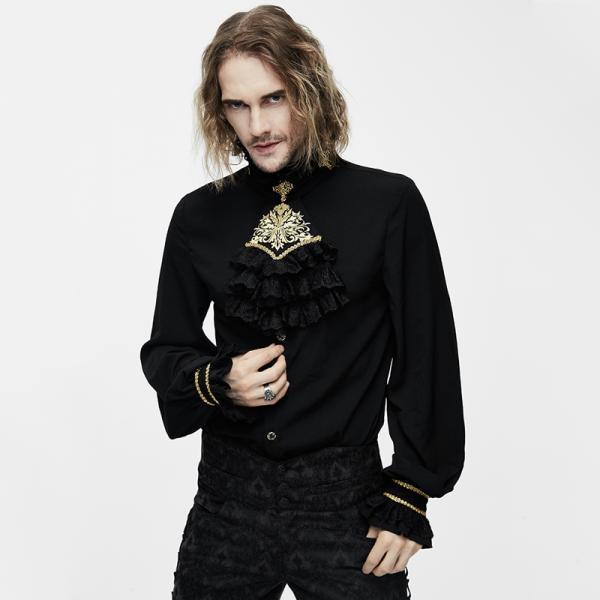 ゴシック風GOTHICレトロ宮廷上着黒シャツ男長袖ゆったりトレンド刺繍スタンドカラーに蝶ネクタイの花