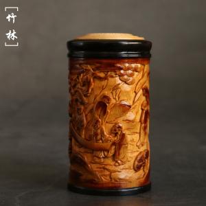 川派先生傅作り彫刻文人老玉竹茶葉缶文玩コレクション高級竹茶葉筒