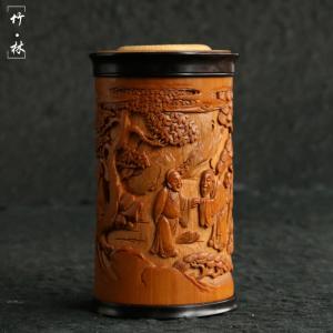 逸品名家川派作り彫刻老玉竹茶缶竹彫刻文人題材玉竹茶倉茶筒