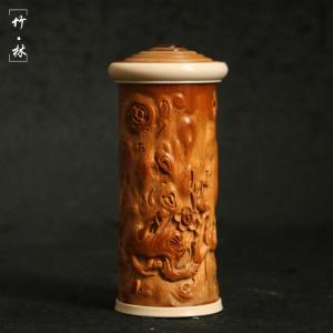 逸品の名家、張念超精工海派象嵌老玉竹茶缶手作り竹彫梅竹製茶倉筒