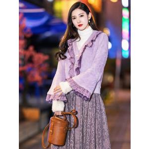 綿麻記紫の小香風コートに絨毯の女性春服フレアスリーブショート丈のウールカーディガン洋風｜chorakusutoa