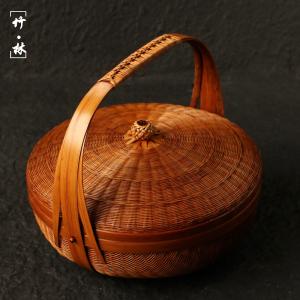 浙工師傅作り精工編み天然竹糸円形茶器収納バスケット文玩置物箱