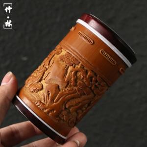 彫川派老玉竹キリギリス缶透かし彫り円彫竹虫缶爬虫類キイロ鳴く虫缶