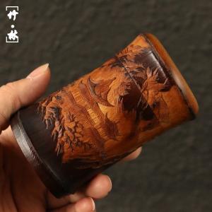 向平彫山水風景老炭竹茶葉缶竹彫竹茶倉