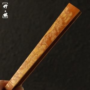 名家袁江純の手による精工留青彫刻文人図扇骨『糸竹清韻笛笛と和声』