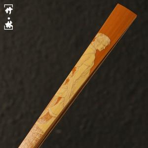 名家袁江純の手による青彫り『仕女図』老玉竹扇骨竹彫扇95寸