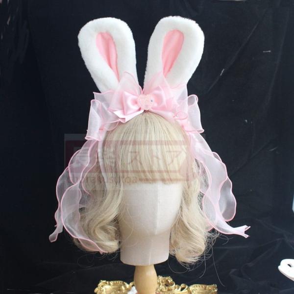 ハンドメイドピンクかわいいウサギ耳の軽い糸のリボンカチューシャ瑞本ウサギの甘いソフト妹Lolita小...